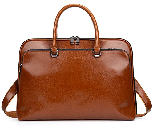 Blofinche Genuine Leather laptop Briefcase: Messenger shoulder bag 15 16 inch men macbook case women work satchel designer handbag Brown