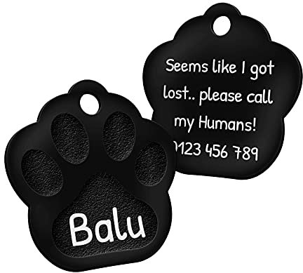 ENGRAVO Hundemarke mit Gravur in Schwarz 26mm | Pfote Halsbandanhänger personalisiert | Namensschild für Halsband | Anhänger Marke für Hunde, Welpen & Katzen | Dog Tag mit Wunschgravur
