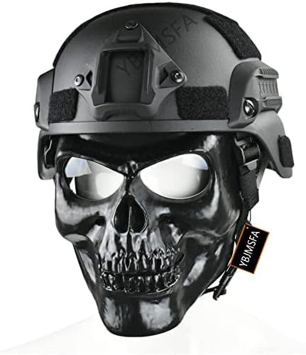 Casco tattico PJ con Pistola ad Aria compressa e Maschera di Protezione Integrale con Teschio, Adatto per Gioco Airsoft Paintball CS, BK01, Adatto per Circonferenza della Testa 56-61 cm 421S