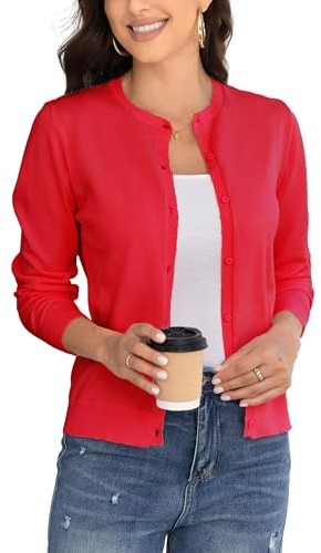 BERESIA Cardigan à Manches Longues Et Col Ras du Cou pour Femme, Cardigan Classique en Tricot Doux pour Femme, Rouge, M