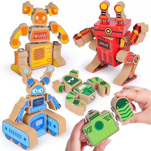 Coogam Wooden Robot Building Block Set for 3 4 5 Years Old Kids