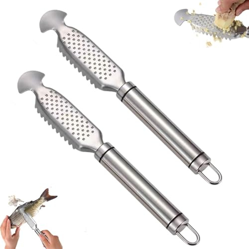 2-in-1 Stainless Steel Fish Scaler + Ginger Grater, Professional Grade Fish Scale Remover Tool, Multifunctional Fish Scaler Remover, for Descaling, Grating (2PCS)