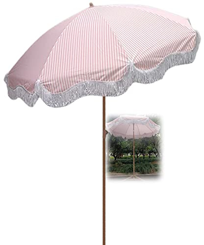 2m strandparaply, bärbar lutningsträdgårdsparasol, utomhusparaply - med tofs, lutning/vik, rosa och vit randig uteplats, stor marknadsparasol utan bas