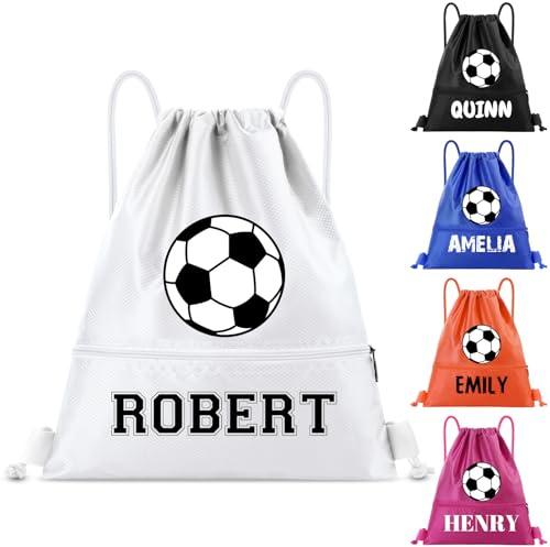 Fyore Personalised Drawstring Bag with Monogrammed Soccer and Name - Bulk Custom Polyester Fabric Drawstring Backpack for PE Kits Gym Sports School Swimming Drawstring Sack 36.5x44.5cm