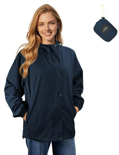 LAMA Chaqueta impermeable con capucha, chaqueta impermeable para mujer, ligera, transpirable, cortavientos con bolsillos grandes, correas reflectantes, bolsa de transporte, Azul Real, L
