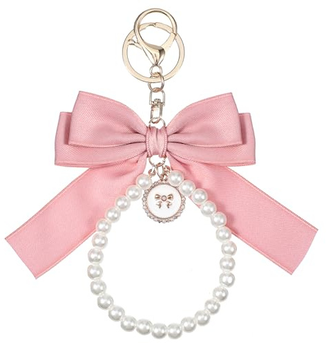Grevosea White Bowknot Keychain, Rhinestone Bow Keychain Bag Charm for Women Cute Bowknot Pearl Keyring Charms Aesthetic Bow Key Chain Accessories for Purse Car Keys Phone Case