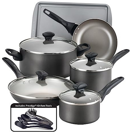 Farberware Dishwasher Safe Nonstick Cookware Pots and Pans Set, 15 Piece, Pewter