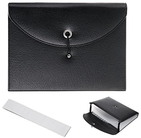 BTSKY PU Leather Expanding File Folders-13 Pockets A4 Letter Size Paper File Folder Accordion Business Document Organizer with Fasteners and Tabs (Black)