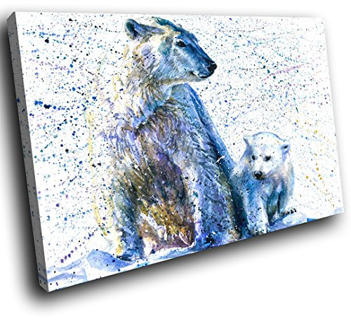 Med A807DD Framed Canvas Print - Modern Wall Art - HD Quality Picture - 100% Guaranteed - Blue Polar Bear Cub Paint Splat - Living & Home Decor with Easy Hang Guide - 75cm x 50cm - WOYW