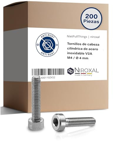 Skruv med cylindriskt huvud av rostfritt stål V2A, M4 (= 4 mm), 16 mm skruvlängd, 200 stycken, 16 mm helgänga, insexskruv, cylinderskruv, M4 x 16