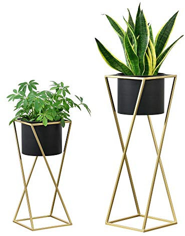 [en.casa] Pflanzständer im 2er Set Blumenständer aus Metall Blumentopf Ständer mit Übertopf Blumentopfhalter 2-TLG. Pflanztopf Deko Goldfarben-Schwarz Viereckig