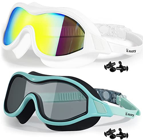 Keary 2 Pack Swimming Goggles Anti-fog Swim goggles for Adult Men Women Youth, UV Protection No-Leak Mirror Big Frame Clear Swim Goggles Pool Water Glasses Swim Mask, Underwater Goggles for Swimming
