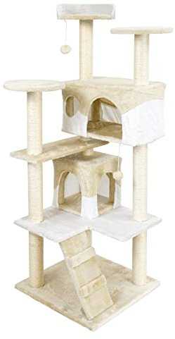Wiltec Kratzbaum in Beige/Weiß 130 cm hoch, Katzenkratzbaum mit Aussichtsplattformen, Kletterbaum mit Katzenhäusern, Katzenbaum mit Spielbällen