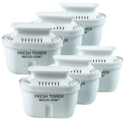 ECODE® 6 Filtros para Fresh Tower, Recambios de Filtro para Jarra de Agua, Compatible con Todas las Marcas de Jarras, 100L de filtrado, Sin BPA, Filtro Purificador con Carbon Activo