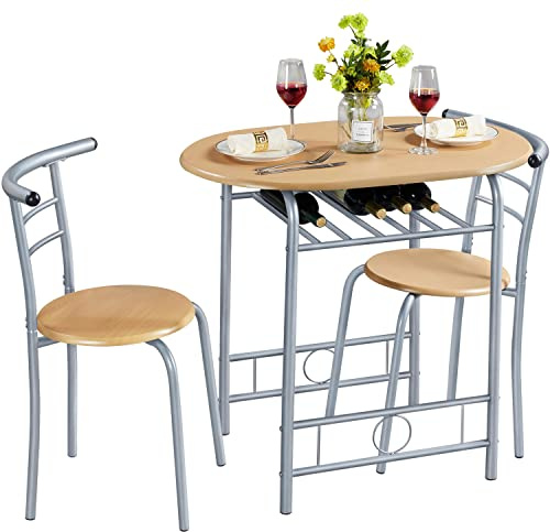 Yaheetech Ensemble de Table à Manger avec 2 Chaises, Ensemble de Meubles 3 pièces de Cuisine avec Porte-Bouteilles, pour Petit Espace, Jardin, Studio Bois et Argent