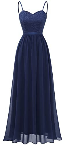 DRESSTELLS Abendkleider Elegant für Hochzeit Dunkelblau Festlich Ballkleid Damen Lang Brautkleid Standesamt Brautjungfernkleider mit Träger Jugendweihe Kleider Navy L