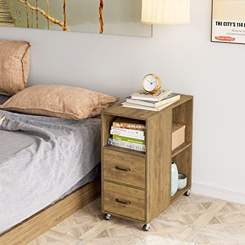 HOCSOK Rollcontainer, Aktenschrank mit Schublade und Fächern, Büroschrank Lagerschrank, Beistelltisch Für Wohnzimmer, Schlafzimmer und Büro, Braun, 30X60X65cm