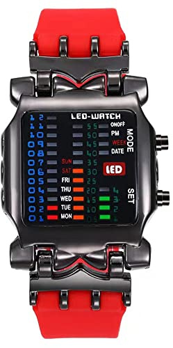 MINILUJIA Men Cool Digital Watch Binary Time LED Display Waterproof with Rubber Band Unique Creative Fashion Sport Wristwatches One PCS (red)