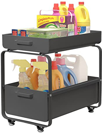 Todeco Étagère de Rangement Sous évier, Organisateur de Cuisine à 2 Niveaux Rangement Sous évier, Coulissant Organiseur pour Cuisine Armoire Salle de Bain, Acier au carbone (Noir)