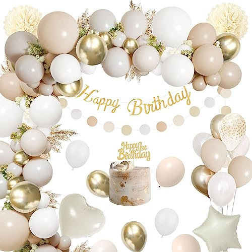 Geburtstagsdeko Beige Gold,Rainllon Deko Geburtstag Sandweiß Gold Mädchen Junge,Kindergeburtstag Deko Beige Luftballons Geburtstag,Happy Birthday Banner Deko,Pompons für Männer Frauen Geburtstag Deko