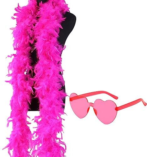 2 Stück Federboa,Federboas Mit Herzförmigen Randlosen Sonnenbrillen,Fuchsie Federboas Herzförmige Sonnenbrille Ankleiden Party Karneval Kostüm Dekor Federboa Feder Boa Kostüm-Accessoire Rose