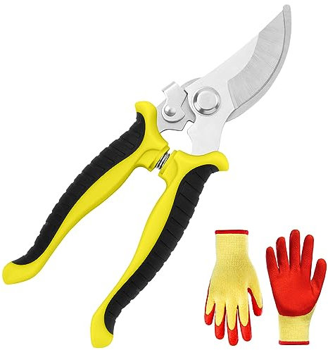 OFFCUP Sécateur à Lame Franche Professionnel Avec Paire de Gants - Pour Brindilles et Branches Bigneuses, Tailler Jardins, Arbustes, Clôtures (Jaune)