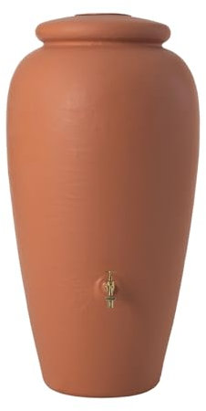 GARANTIA AMPHORE Regentonne Set 300 Liter Terrakotta – Wassertank mit Messinghahn + Fallrohranschluss – Frostsicheres Regenfass/Regenwassertonne – Wassertonne für Garten – Wasserfass Terracotta