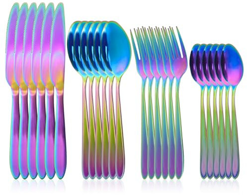 RETON Set di 24 posate colorate per 6 persone, in acciaio inox, per campeggio, per casa, feste, ristorante, lavabile in lavastoviglie