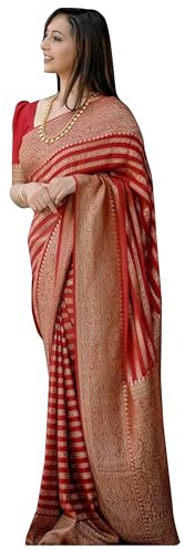 IMTRA FASHION Saree För Kvinnor Kanjivaram Style Röd Indian Banarasi Jacquard Sari-Klänning Med Osömt Blusstycke