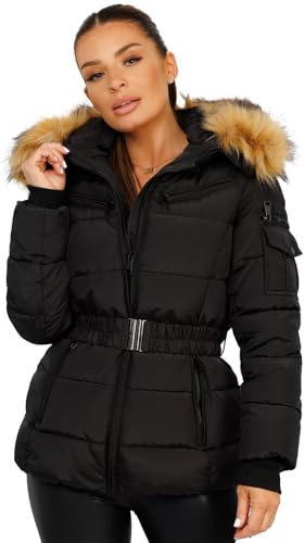 Lexi Fashion Women Ladies Thick Puffer Quilted Padded Zipped Waist Belted Chunky Faux Fur Detachable Hooded Side Pockets Jacket Black UK Size S/08