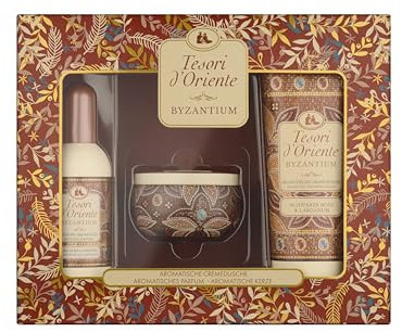TESORI D'ORIENTE Byzantium Coffret cadeau (crème douche 250 ml, eau de toilette 100 ml et bougie parfumée) avec rose noire et labdanum, rituels de bien-être pour le corps et les sens