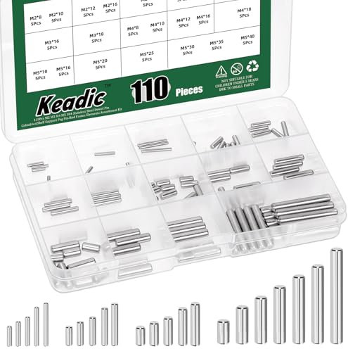 Keadic 110 Pce 22 Sizes Metal Dowel Pins M2 M3 M4 M5 Cylindrical Shelf Support Peg Pin Rod Fasten Elements Assortment Kit for Bookshelf Shelves Cabinet Closet Fixing Component Position, Silver