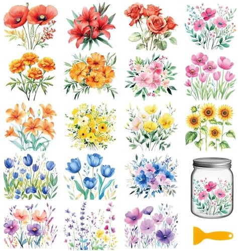 GLOBLELAND 18 Blatt Künstlerische Blumen Und Pflanzen Transferaufkleber 3.9x3.6 Zoll Mohnblumen Abziehbilder Tulpen Zum Aufreiben für Möbel Vasen Gläser Einmachgläser Dekorationen Kunsthandwerk