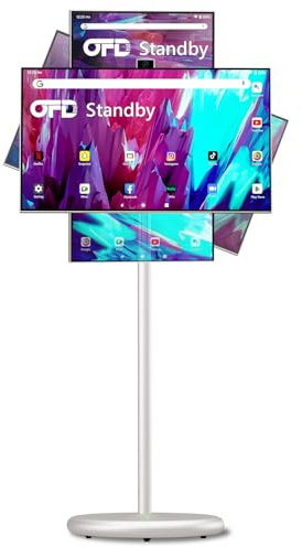 OFD 27 Portable TV on Wheels,Android 13 OS,Speicher Tragbarer Fernseher, Touchscreen Monitor 1080p,6+128GB Speicherplatz,±90°Rotation All-in-One Tablet TV 60Hz,Eingebauter Akku,versteckte Kamera,Weiß