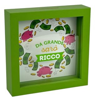 Salvadanaio Decorativo in Cornice Verde, Design 'Da Grande Sarò Ricco', 16x16 cm