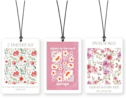 Lacama Pink Flower Christian Car Air Freshener 3Pcs, Watercolor Floral Bible Verse Cars Scents Air Freshener for Women Girls Gifts, Flower Religious Car Accessories Interior Mirror Decor Hanging