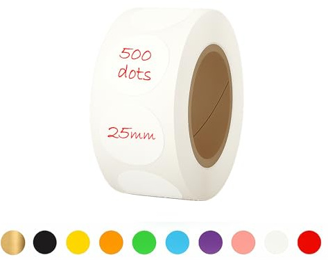 25mm Sticky Dots - 500 Round Coloured Dot Stickers, 10 Assorted Colours, Writable Semi Gloss Labels, Easy Peel Roll, Durable Circle Labels for Office, School Calendars, Crafts & Organisation (White)