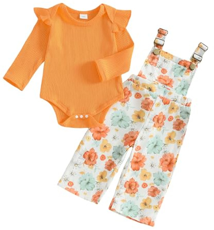 XIXIMAON Infant Baby Girl Outfits Solid Color Long Sleeve Ribbed Bodysuits Floral Suspenders Trousers Newborn Autumn Clothes Girls Overalls Dungarees (Orange, 3-6 Months)