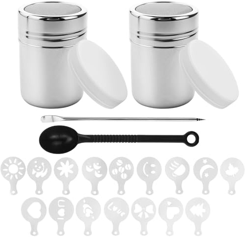 Coffee Sprinkles Powder Set, Stainless Steel Mesh Icing Sugar Sprinkler, Chocolate Shaker Duster, Coffee Stencils & Pull Pin for DIY Cappuccino, Icing Sugar, Cocoa Flour & Latte