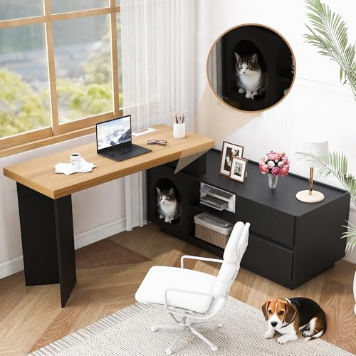 BXEYXE Hörnskrivbord med integrerat djurhus – 120 x 50 cm, MDF, förtjockad platta, L-formad eller ett stycke, flexibel montering, hörnskrivbord för hemmakontor med XL-djurgrotta, L-format