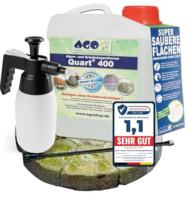 AGO Quart 400 Set Grünbelagentferner 2 Liter - chlor- und säurefrei & Sprühflasche 1L mit Verlängerung / 400 qm Algen und Grünbelag Entferner/Steinreiniger/Terrassenreiniger/Grünspan Entferner