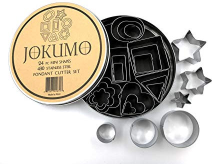 JOKUMO Mini Multi Shape Fondant Cutters Set – 24 Pc Set 430 Stainless Steel - Great for Fondant and Crafting Clay- Stars, Hearts, Flowers, 5 Type of Geometric Shape