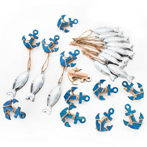 Logbuch-Verlag Set 24 ciondoli mollettina Forma di Pesce Ancora Azzurro Blu Bianco Legno Decorazione Marittima Bagno Festa Tavolo