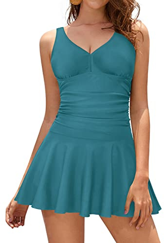 SHEKINI Donna Costume da Bagno con Gonna One Piece Bikini Imbottito Vintage Costume Intero con Coppe Soffici Solido Dimagrante Skirted Swimwear Costume Mare Modellante (L, Verde Scuro)