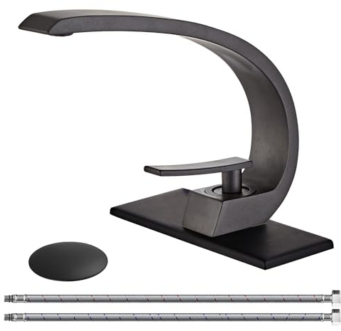 Wovier Matte Black Bathroom Sink Faucet,Unique Design Single Handle Single Hole Brass Lavatory Vanity Faucet,Basin Mixer Tap with Supply Hose and Pop Up Drain Assembly
