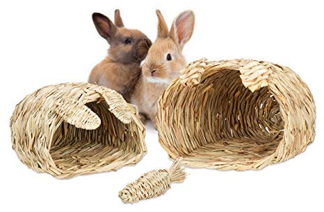 Relaxdays Kaninchenhaus, 3-teiliges Set, Grashäuser, Kaninchen Spielzeug, Kleintier Zubehör für Nager, 2 Größen, Natur