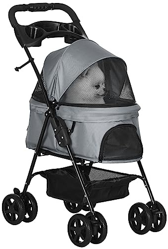 PawHut Poussette Buggy Pliable Chien Chat Panier Rangement Porte-Gobelets Tissu 300D Oxford Imperméable 4 Roues Gris