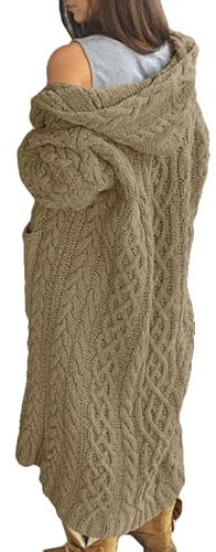 NIUBIA Womens Casual Long Sleeve Open Cardigan Warm Hooded Outwear Coat Cable Knit Long Cardigan Sweaters with Pockets