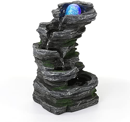 WICHEMI Tabletop Water Fountain Water Fountains Indoor Waterfall Fountain with LED Rolling Ball Stacked Rocks Water Feature Indoor Zen Meditation for Home Office Bedroom Decor