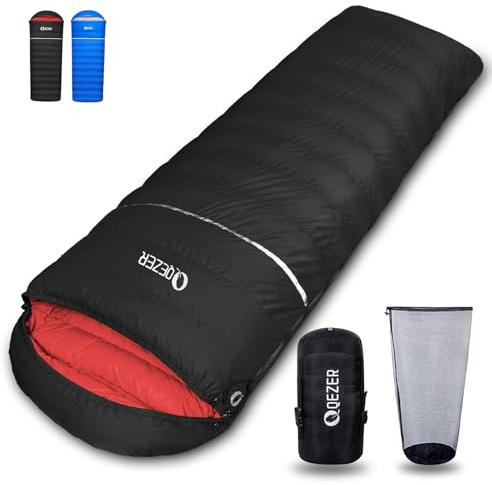QEZER Down Sleeping Bag for Adults 600 Fill Power Down Sleeping Bag Cold Weather Ultralight Sleeping Bag with Compression Sack for Backpacking, Camping, Hiking (1000g Down Filling-Black-Right Zip)
